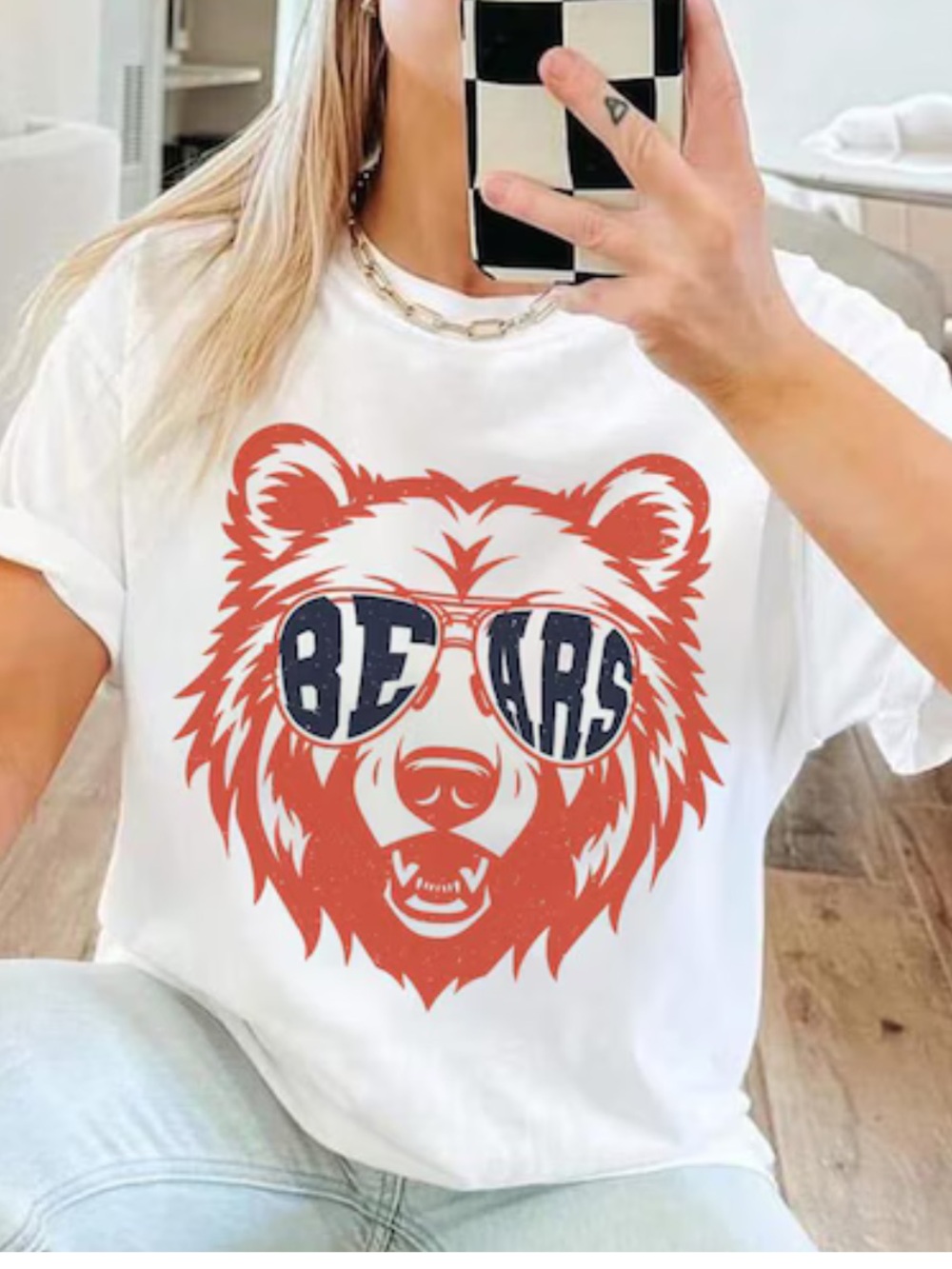Gildan White Chicago Football Tee, Bear Graphic and Navy Sunglasses, Gift Fans